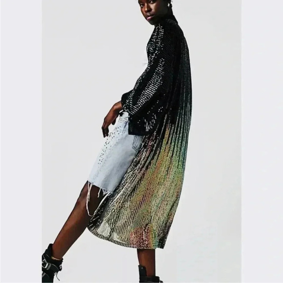 New Free People Party On Sequin Kimono Midi Jacket Sparkle Cardi Black Silver OS - Picture 1 of 13